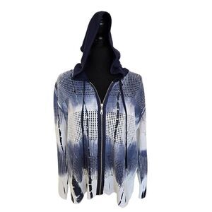 ANGEL Womens Abstract Striped Zip Up Eyelet Mesh Hooded Jacket Blue White Large